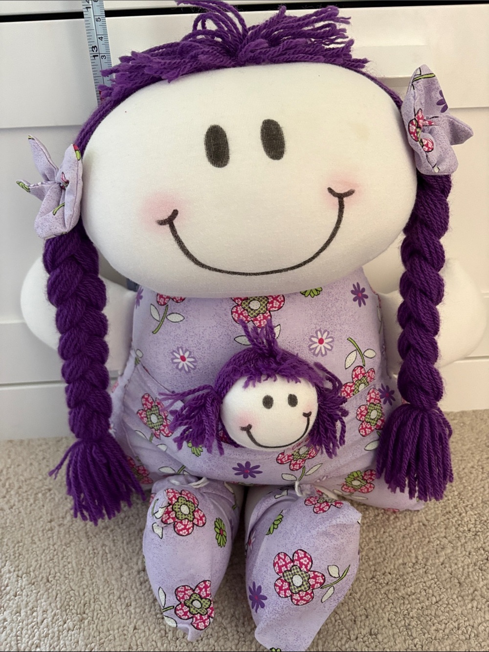 Plush Purple Smiling Rag Doll with Baby Doll Pocket - Kids Toy
